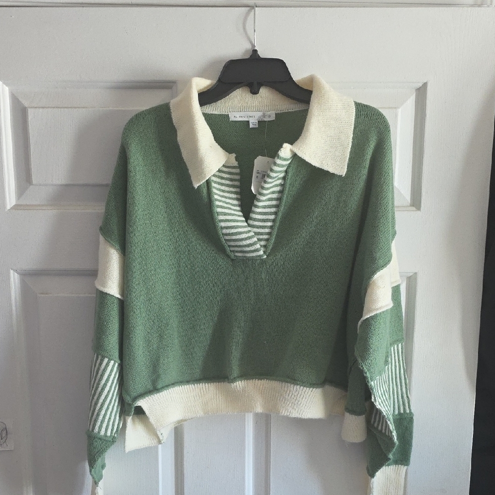 Altar'd‎ State Green and Cream Cropped  V-Neck, Long Sleeved Sweater, Small, NWT